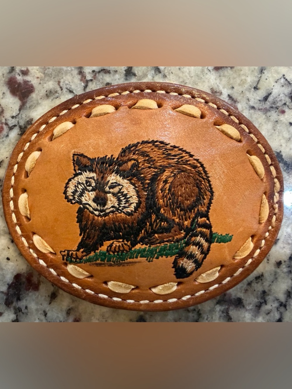 Vintage Tony Lama Leather Belt Buckle with Raccoon Embroidery